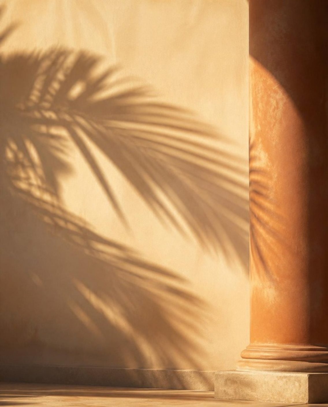 Mur crème et colonne cuivrée traversés d'ombres de palmes