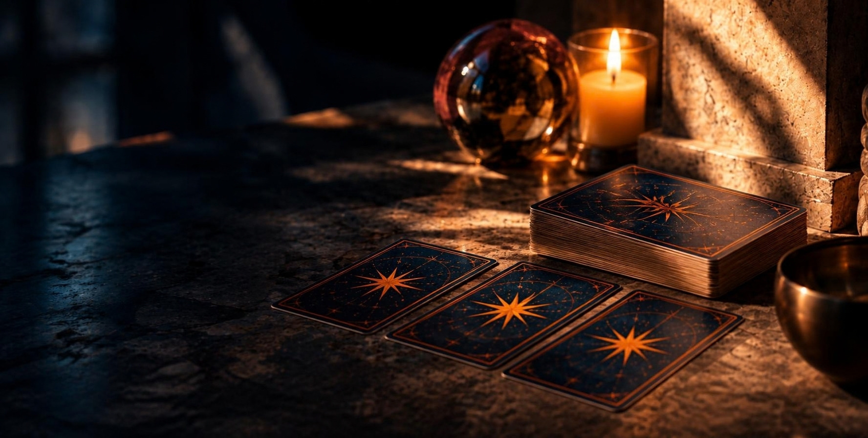 Tirage de trois cartes de tarot près d'une bougie et d'une boule de cristal